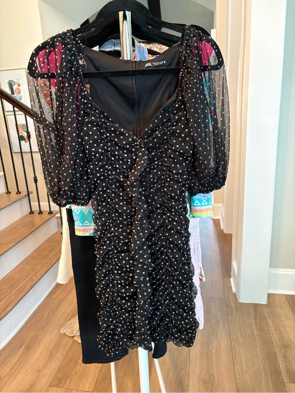 Zara Black Polka Dot Ruched Puff Sleeve Dress